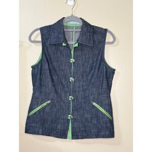 Eric Alexandre Y2K Denim Vest Dark Wash Blue Lime Green Trim Jacket Small